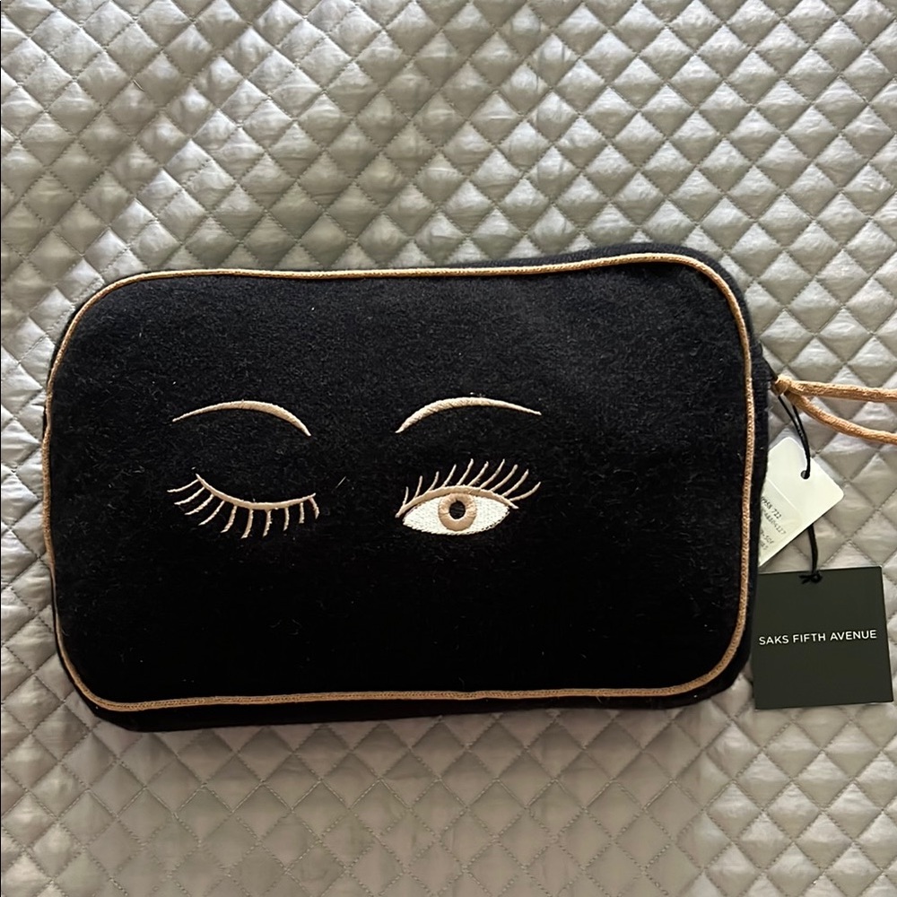 Saks Fifth Avenue Black and Gold Eye-Embroidered Cosmetic Bag